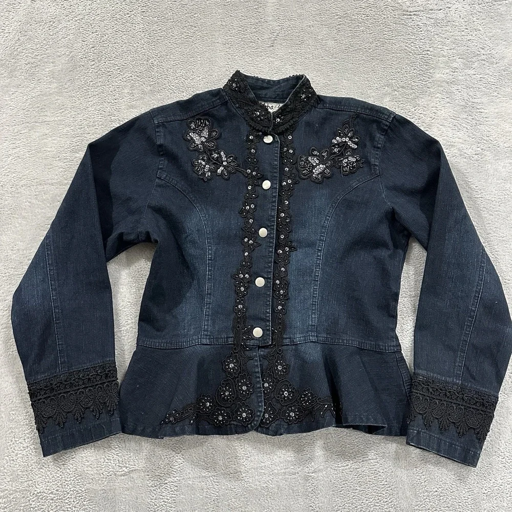 Dark Denim Embellished Peplum Jean Jacket - Picture 1 of 7